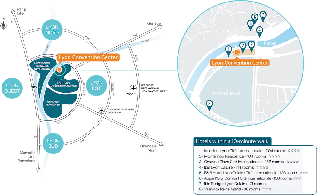 Map showing hotels near the Lyon Convention Center